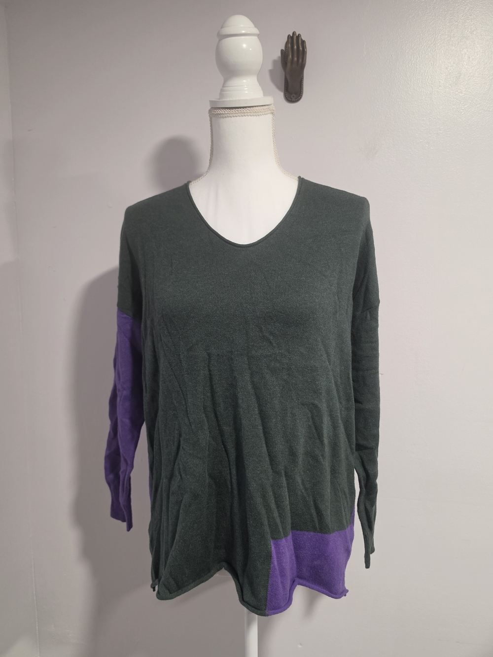 Zaket & Plover Fitted V-Neck Green Purple Cotton/Cashmere Sweater Women's Size S